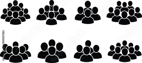 Group silhouettes icons set, community and team symbols, people cluster vector illustration, social network group glyphs, collaborative team avatars, organizational members icons
