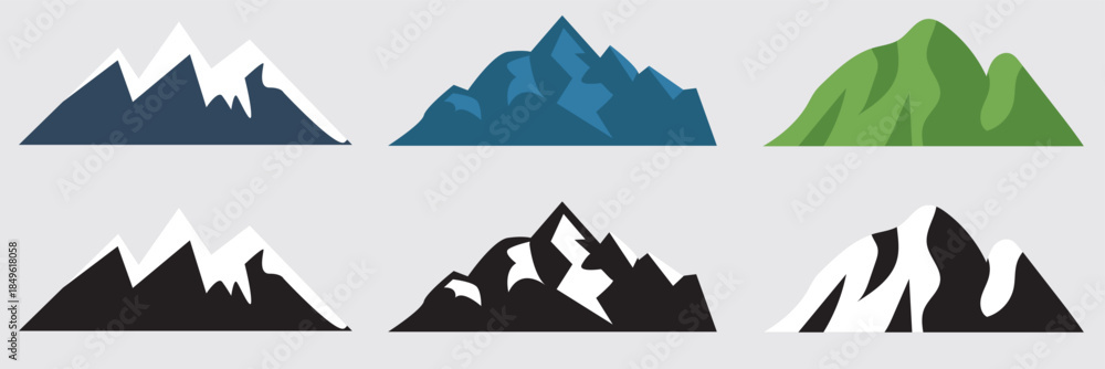 Fototapeta premium Mountain landscape icon set. Mountain and hill landscape icons in flat vector style, representing different terrains, nature environments, and outdoor scenery concepts. 