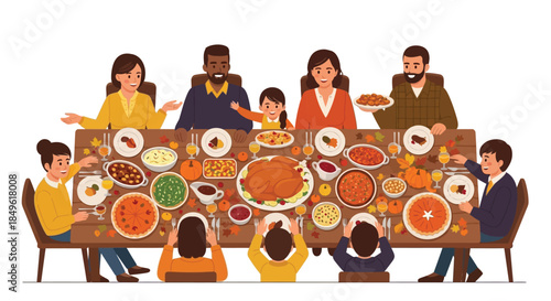 Diverse family and friends gathered for a festive Thanksgiving feast.