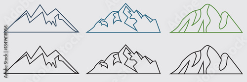 Mountain landscape icon set. Mountain and hill landscape icons in flat vector style, representing different terrains, nature environments, and outdoor scenery concepts.
