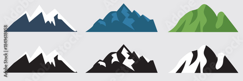 Mountain landscape icon set. Mountain and hill landscape icons in flat vector style, representing different terrains, nature environments, and outdoor scenery concepts.
