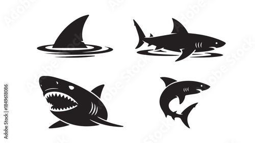 Shark Silhouettes in Various Poses with Sharp Teeth in Black and White Illustration for Marine Life