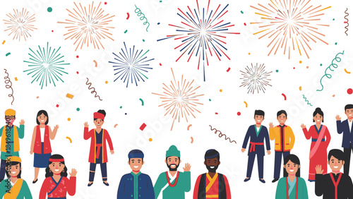 Illustration of diverse people celebrating with colorful fireworks and confetti on a white background, conveying a joyful and festive Happy New Year 2026 atmosphere.