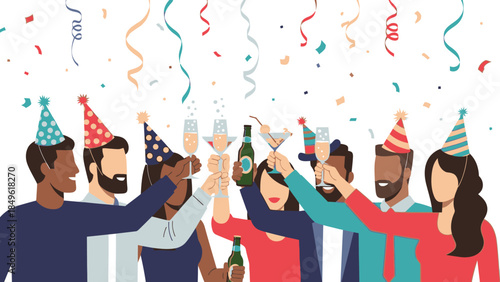 Diverse group of friends celebrating Happy New Year 2026 with champagne and colorful party hats amidst confetti and streamers on a white background.