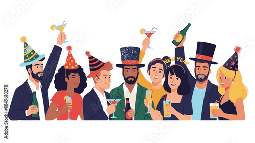 Illustration of a diverse group of adults celebrating Happy New Year 2026 with party hats and champagne against a clean white background.