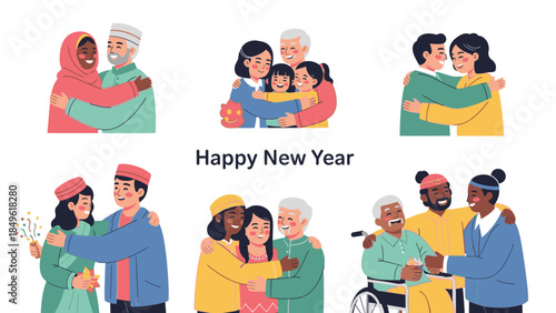 Illustration of diverse people hugging and celebrating Happy New Year 2026 with colorful clothing against a clean white background.