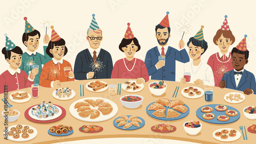 Illustration of a diverse group of people wearing party hats and celebrating Happy New Year 2026 with food and drinks at a table, conveying a joyful and festive mood with colorful and
