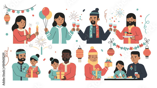 Illustration of diverse people celebrating Happy New Year 2026 with festive decorations and joyful expressions in a colorful flat lay composition.