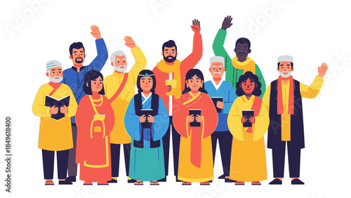 Illustration of diverse people in traditional clothing waving and holding objects on a white background, conveying a celebratory mood for Happy New Year 2026.