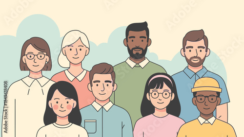 Diverse group of people standing together with colorful clothing and glasses against a pastel background, conveying a sense of unity, Happy New Year 2026.