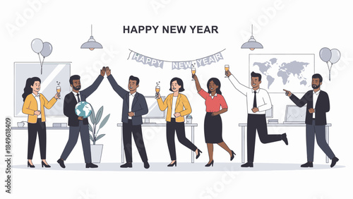Illustration of a diverse group of businesspeople celebrating Happy New Year 2026 with balloons and banners in a modern office setting.