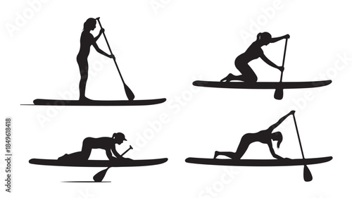 Paddleboarder Silhouettes in Various Yoga Poses on Calm Water in Black and White Minimalist Illustrations for Fitness and Wellness