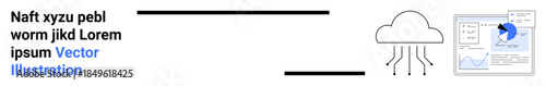Cloud technology, data processing, graphic design, IT services, digital economy, and analytics. Cloud and data visualization with reports. Cloud technology and data processing illustration