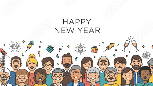 Illustration of a diverse group of people celebrating Happy New Year 2026 with festive decorations and confetti on a white background.