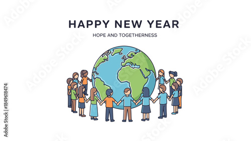 Illustration of diverse people holding hands around the globe with a hopeful and united theme for Happy New Year 2026, conveying togetherness and optimism.