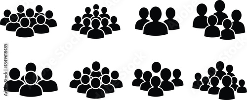 Group user silhouettes, team icons set, community avatars, user groups symbol, social network interface icons, teamwork people glyphs, multi-person cluster vector illustration