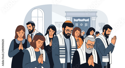 Diverse group of Jewish people praying together in a synagogue.