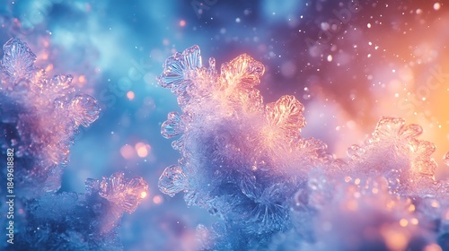 Enchanting close-up of ice crystals with a magical color gradient background