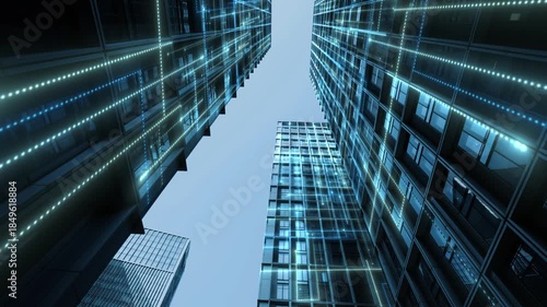 Low Angle View of Futuristic Glass Skyscrapers with Blue Light Effects