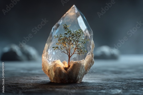 Small tree growing inside a transparent crystal formation illuminated by soft light