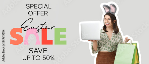 Young woman in bunny ears w...