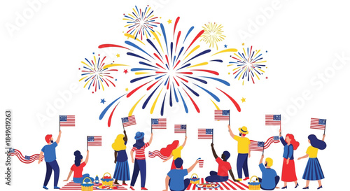 Diverse group of people celebrating with American flags and fireworks.