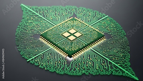 A green leaf made from a computer chip shows eco-friendly technology.