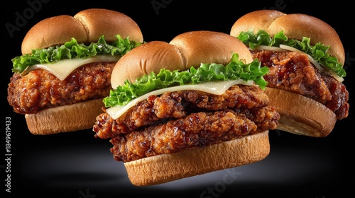 Delicious fried chicken sandwiches with lettuce and cheese on black background