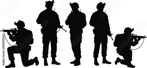 Military silhouettes, five tactical soldiers in various stances, soldiers with rifles and helmets, combat readiness, tactical formation, modern vector illustration