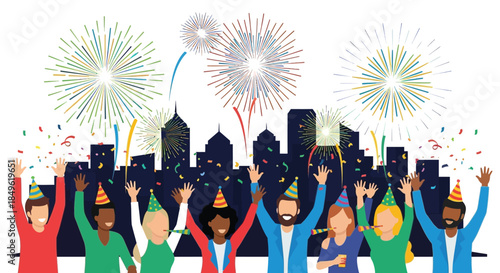 Diverse group of people celebrating with fireworks.