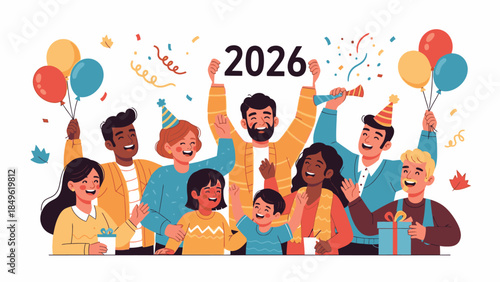 Diverse group of people celebrating Happy New Year 2026 with balloons and party hats on a white background with colorful confetti.