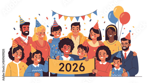 Diverse group of people celebrating Happy New Year 2026 with colorful decorations and festive attire on a white background.