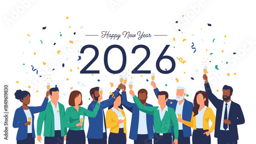 Diverse group of business professionals celebrating Happy New Year 2026 with raised arms and confetti on a white background.