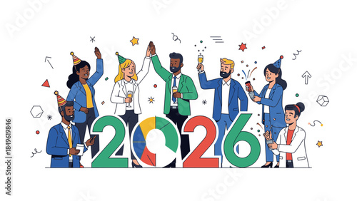 Diverse group of people celebrating Happy New Year 2026 with colorful decorations and confetti in a lively scene.