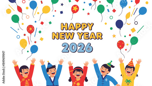 Cartoon children celebrating Happy New Year 2026 with colorful balloons and confetti in a joyful scene.