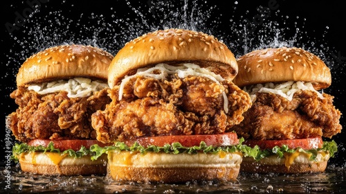 Delicious fried chicken sandwiches with fresh ingredients and water splashes
