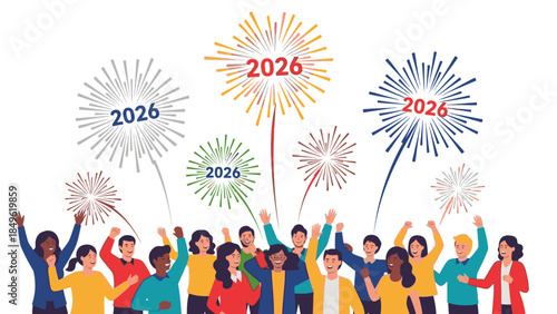 Diverse group of people celebrating Happy New Year 2026 with colorful fireworks and festive decorations against a clean white background.