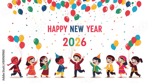 Colorful illustration of children celebrating Happy New Year 2026 with balloons and confetti in a joyful scene.