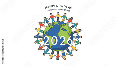 Illustration of diverse people standing around the Earth with Happy New Year 2026 text on a white background, conveying a joyful and celebratory mood with vibrant colors.