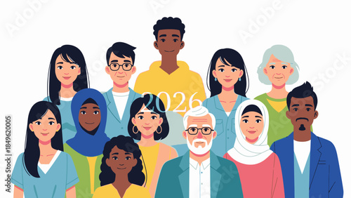 Diverse group of people celebrating Happy New Year 2026 with a cheerful and optimistic mood against a clean white background.