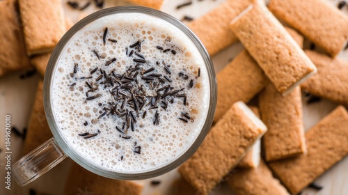Creamy beverage with chocolate sprinkles and biscuits.