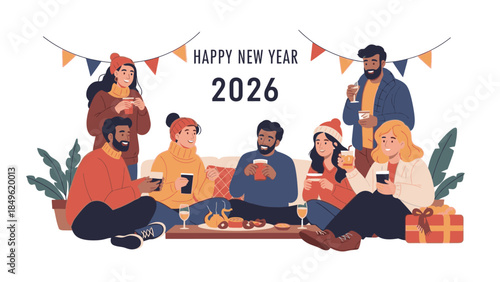Illustration of a diverse group of friends celebrating Happy New Year 2026 with drinks and snacks in a cozy home setting with a festive banner.