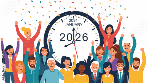 Diverse group of people celebrating Happy New Year 2026 with confetti and raised arms around a large clock striking midnight.