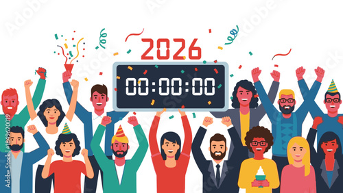 Illustration of a diverse group of people celebrating Happy New Year 2026 with raised arms and confetti around a countdown timer on a white background with colorful confetti and streamers.