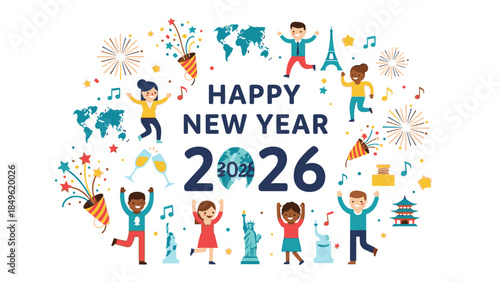 Colorful illustration of diverse people celebrating Happy New Year 2026 with festive decorations and iconic landmarks on a white background.