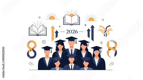Illustration of Happy New Year 2026 with graduates in caps and gowns surrounded by symbols of growth and education on a white background with a celebratory mood.
