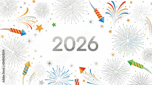 A colorful illustration of fireworks and confetti celebrating Happy New Year 2026 against a clean white background with a joyful and festive mood.