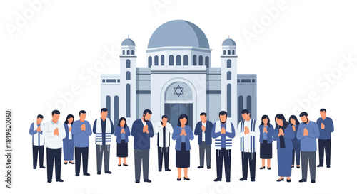 Diverse group of people gathered in front of a synagogue.