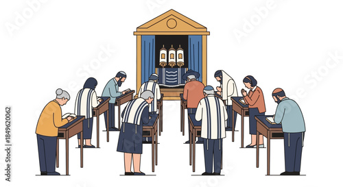 Diverse group of people engaged in prayer at a synagogue.