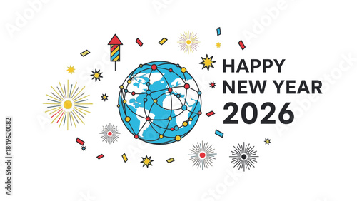 Colorful illustration of a globe surrounded by festive decorations and fireworks with the text 'HAPPY NEW YEAR 2026' on a clean white background.